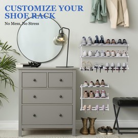 Jchccu Wall Mounted Shoe Rack, 3 Tier Hanging Shoe Rack Holds 12 Pairs, 17"-30" Adjustable Heavy Duty Metal Shoe Organizer Holder with 2 Storage Hooks, Space Saving for Closet Entryway Doorway（White