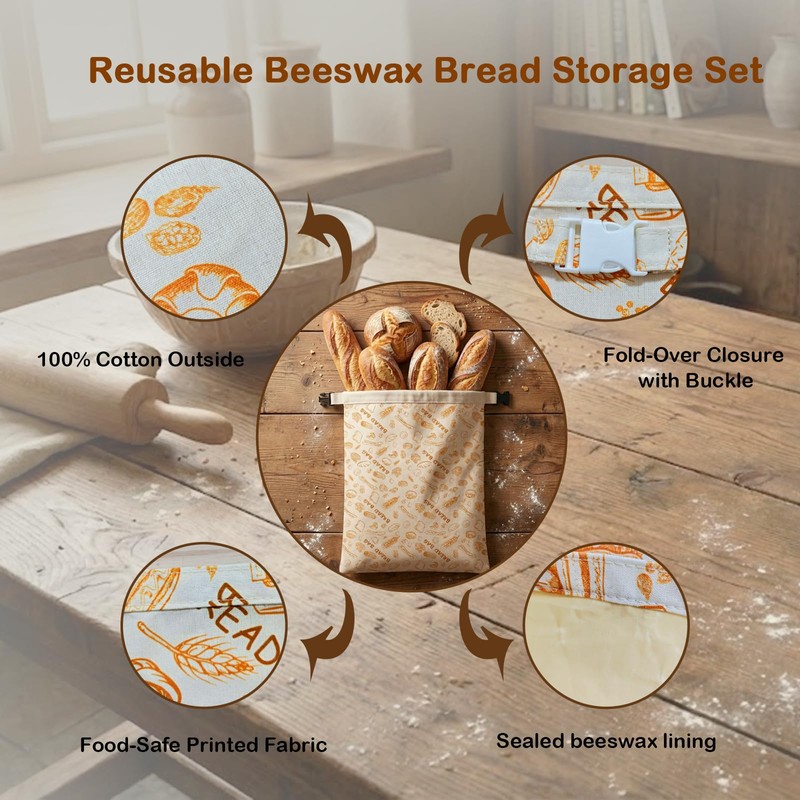 Beeswax Bread Bags for Homemade Bread, Drawstring Sourdough Storage Bags