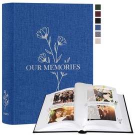 Lanpn Photo Album for DIY Gluing, Small OUR MEMORIES Linen Photo Book 100 White Pages with Parchment Dividers Holds 9 x 13 10 x 15 13 x 18 cm Photos (19 x 27 cm, Blue)