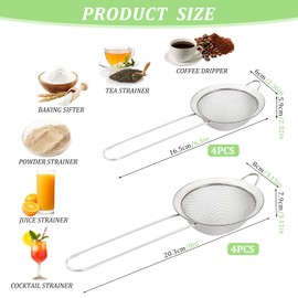 8 Pack Fine Mesh Strainer with Handle, Stainless Steel Small Strainers Fine Mesh for Tea, Coffee, Cocktail, Sugar and Spices, Strainer for Juicing & Fryer Scoop (2.36inch & 3.15inch, Silver)