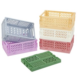 KITDAHOM Pack of 6 Mini Folding Boxes - Mini Folding Box Stable - 15 x 10 x 1.5-6 cm - Plastic - Stackable - Storage for Kitchen, Bathroom, Office, Bedroom (Green, Blue, Yellow, Pink, White)