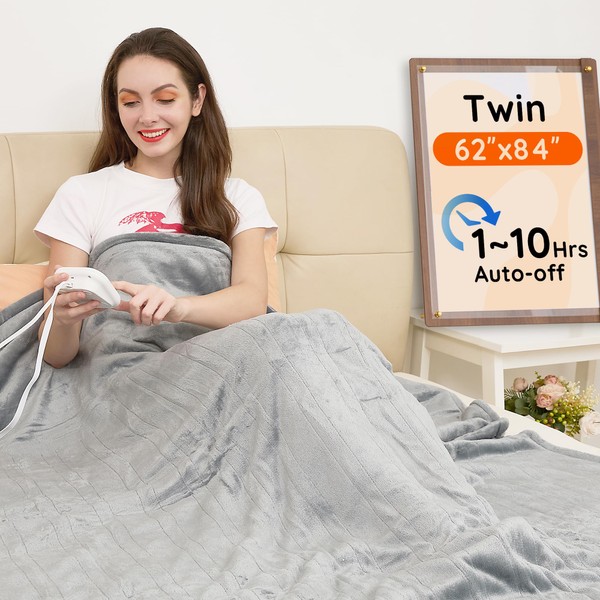 Mia&Coco Electric Blanket Twin （62"x84"） Flannel Heated Blanket, 10 Heat