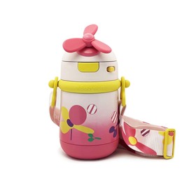 bc babycare Bottle, Children, Stainless Steel Bottle with Straw and Strap, Rotating Windmill, 10.1 fl oz (300 ml), Heat Retention, Cold Retention, Stainless Steel, Outdoor Activities, Excursions, Camping, Two Hands, Kindergarten or School (Red)