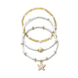 JOOKOCCI Boho Style Layered Anklet Set White Beaded Anklets with Seashell & Starfish Charms Summer Beach Foot Jewelry for Women