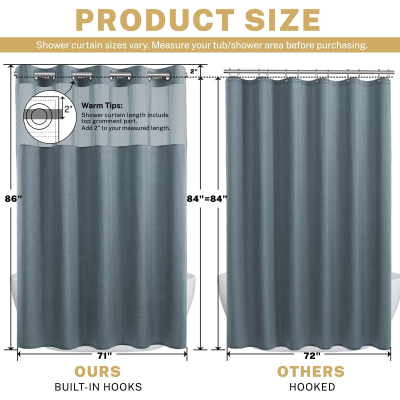 WONICY Extra Long No Hook Shower Curtain with Snap in