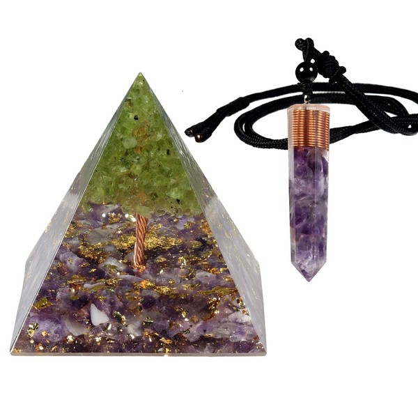 SUNYIK Healing Energy Orgone Pyramid Crystal Pendant Set, Tree of Life Orgonite Energy Generator & Orgone Stone Chips Crystal Points Pendant Necklace for Meditation Chakra Balancing, Purple