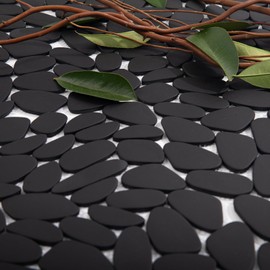 Adolif Pebble Tile for Shower Floor, Black Long Oval Pebble Mosaic Backsplash for Kitchen Bathroom Wall and Floor Tile and Outdoor Areas, 5 Sheets