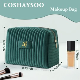 COSHAYSOO Mom Birthday Gifts Easter Mothers Day Gift Ideas for Mama Grandma New Mommy from Daughter Travel Makeup Bag Quilted Make Up Cosmetic Pouch Cool Aesthetic Monogram Green Initial Letter A