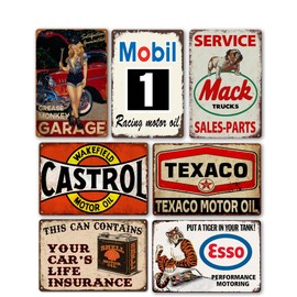 Vintage Metal Garage Signs for Men, Gas Station Tin Signs, Man Cave Decor Old Car Signs Shop Sign Oil Decor Motorcycle Posters Auto Gasoline Wall Decorations Bar Kitchen Accessories 7 Pces 8×12 Inch