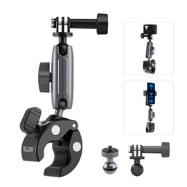 TELESIN Motorcycle Handlebar Bike Mount Clamps for GoPro Hero 11 10 9 insta360 X3/ONE X2 DJI Action 3.360° Double Ball Head Clamp with 1/4-20mm Adapter for Camera and Phone