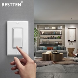BESTTEN 10 Pack 4-Way Decorator Wall Light Switch with Wall Plate, 15A 120/277V, On/Off Paddle Rocker Interrupter, Self-Grounding, UL Listed, White