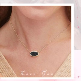 ZLOKBMIN Natural Handcrafted Pendant Necklace With Adjustable Gold-Plated Chain 14K Gold Women's Jewelry Oval Gemstone Black Drusy(GOLD-BLACK DRUSY)