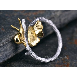 NicoWerk SRI259 Silver Ring Snail Ginkgo Leaf Golden Gold-Plated Natural Ring 925 Adjustable Women's Rings Women's Jewellery Sterling Silver