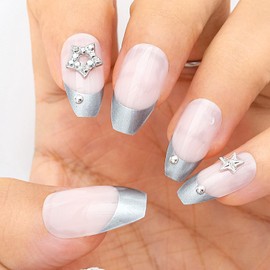 Sethexy Medium Ballerina Press On Nails French Silver Fake Nails Metallic Star False Nail for Women and Girls 24PCS (1)