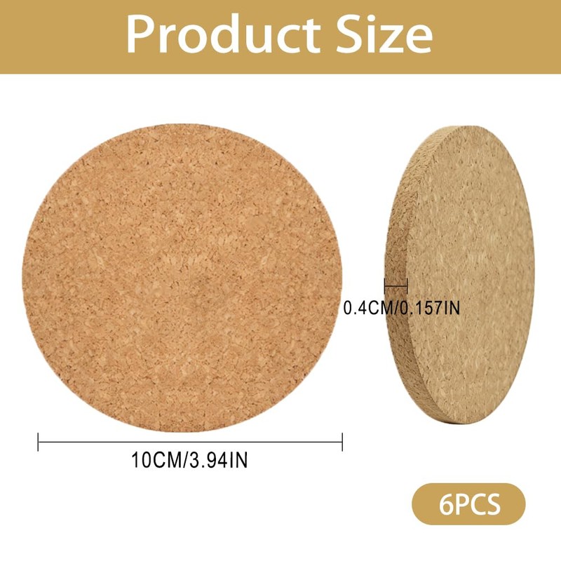 6 Pack Natural Cork Coasters, Round Drink Coasters for Coffee