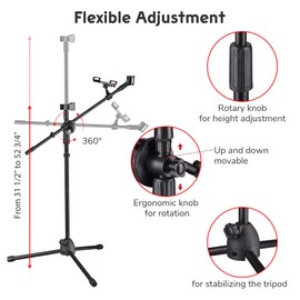AW 4 Packs Microphone Boom Arm Stand Dual Mic Clips Adjustable Tripod Phone Holder for Performance Singing Wedding Stage and Outdoor