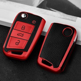 OATSBASF OATSBASF Car Key Cover for VW Golf 7 Key Box/Key Case Cover for VW, Polo, Skoda, Seat, 3 Buttons Q-Red Leather