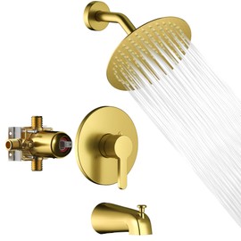 Lavatrum Premium Tub Shower Faucet Set With Valve High-Pressure Balancing Wall-mount 8 Inch Round Gold Shower Head And Tub Spout For Barthroom (1.8GPM)