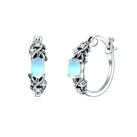 Vintage Leaf Moonstone Hoop Earrings 925 Sterling Silver Retro Leaf with Oval Cut Moonstone Western Hoop Earrings for Women Gifts