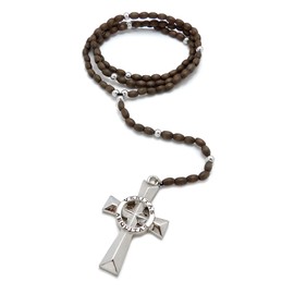 Veritas Aequitas Cross Boondock Saints Pendant 5mm/30" Wooden Bead Rosary Necklace RC4359 (Silver/Brown)
