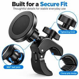 Magnetic Phone Holder for Treadmills, Golf Carts & Strollers – Heavy-Duty Clamp Mount with 360° Rotation for Hands-Free Viewing