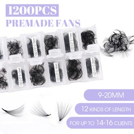 1200-12D-0.07-D-920 Ready Fan Eyelashes Premade Fans for Eyelash Extension D Curl 0.07 mm 9-20 mm Mixed Length Pre-Fanned Eyelashes Volume Fan (1200-12D-0.07-D-920)