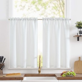 TOPICK Net Curtain, Linen Look, Bistro Curtain, Plain Short Kitchen Curtains, Jacquard Fabric, Grid, Light Filtering, Pair Scarves for Living Room, Country House, Small Windows, 90 x 60 cm, White, Set