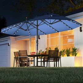 Tangkula 15FT Double-Sided Solar Patio Umbrella, Extra-Large Outdoor Twin Umbrella with 48 LED Lights, Vented Top, Crank Handle, 12 Ribs, Weighted Base Included for Backyard Poolside Deck (Navy)