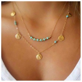 Yheakne Boho Turquoise Coin Necklace Choker Gold Layered Disc Choker Necklace Station Turquoise Bead Necklace Sequin Coins Necklace Chain Jewelry for Women and Girls