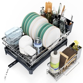 Azevix Dish Drying Rack for Kitchen Counter - 304 Stainless Steel Dish Drainers Rustproof with Sponge Holder, Large Utensil Holder with Drainboard Space Saving Kitchen Sink Organizer，Silver