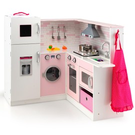 OLAKIDS Kids Corner Kitchen Playset, Pink Toddler Wooden Pretend Cooking Set with Real Lights and Sounds, Washing Machine Range Hood Ice Maker Cookware Apron Hat, Pretend Chef Play Toy Gift