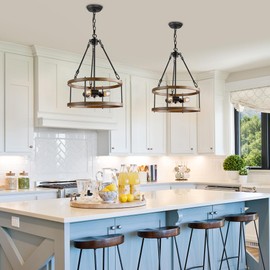 KSANA Farmhouse Drum Chandelier, 3-Light Modern Faux Wood Light Fixture for Dining Rooms, Living Room, Bedroom and Foyer