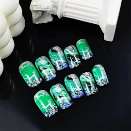 Green Gradient Press on Nails White Curve Line Stick on Nails French Tips Acrylic Fake Medium Square Nails 24 Pcs Glossy Silver Glitter False Nails Green Ombre Gel Glue on Nails for Women Girls