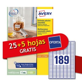 Avery Italia 25 + 5 Extra Sheets 25.4 x 10 mm Rectangular White Paper Removable Labels Per Sheet 189 Labels Per Sheet L4731REV-30P