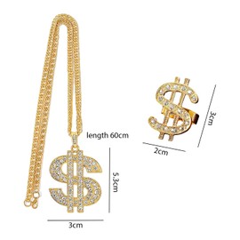 SLEEKEE 1 Piece Dollar Necklace, 1 Piece Ring, Dollar Sign Necklace and Ring Set, Hip Hop Gold Chain, Clown Pendant, Cash Symbol Pendant, Gold Chain, Rapper Jewelry Accessories, Zinc