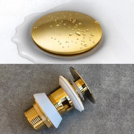 Siphon for Sink Brushed Gold,Universal Ablaufgarnitur für Waschbecken & Waschtisch Modernes Pop-Up Click Clack Ventil - Ablaufventil mit Überlauf,Messing, Edelstahl,Golden (Überlauf)