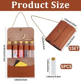 CALFOVERA Portable Brown PU Leather Spice Bag for Travel Foldable Camping Spice Kit Seasoning Bottle Holder with 5 Mini Condiment Jar Condiment Storage Container Set Organizer for Outdoor Picnic BBQ