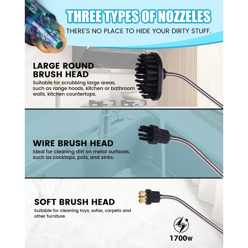 FoundGo 1700W Tankless Handheld Steam Cleaner with 7 Brushes 20s