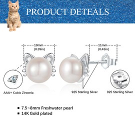 925 Sterling Silver Freshwater Pearl Cat Stud Earrings for Women, 14k Gold Plated Cat CZ Studs Hypoallergenic Jewelry Gift