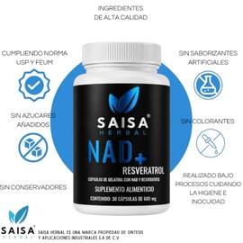 SAISA HERBAL NAD+ 30 Cápsulas con Resveratrol | Nicotinamida Adenina Dinucleótido | Suplemento Alimenticio Premium | Energía Celular, Antienvejecimien