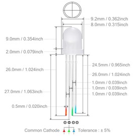 Chanzon 50 pcs 8mm RGB Multicolor Diffused LED Diode Lights Common Cathode(Frosted Round 3 Color) 4 pin Bright Lighting Bulb Lamps Electronics Components Indicator Light Emitting Diodes