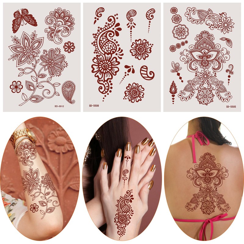 AHIER 6 Sheets Temporary Tattoos for Women, Flower Temporary Henna