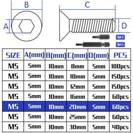 Countersunk Screws M5 x 20 mm Stainless Steel Hexagon Socket M5 Stainless Steel Screws DIN 7991/ISO 10642 Countersunk Head Screws Socket Threaded Screws Countersunk Screw with 2 Pieces Hex Screwdriver