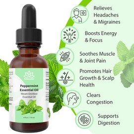 Relaxcation Pure Peppermint Oil 2 oz - Steam Distilled Natural Oil for Diffuser, Skin, Hair, Nails & Body | Minty Extract for Massage, Soap Making, Candles, DIY Beauty | Made in USA, Travel Size