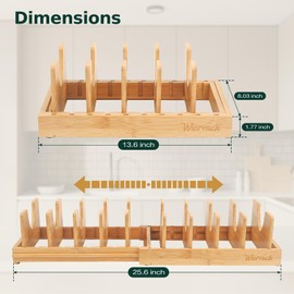 Wisreach Bamboo Pot Lid Organizer, Adjustable Kitchen Organizer for Cabinet, Expandable Pot and Pan Storage Rack, Kitchen Organization for Lids, Bakeware, and Cutting Boards