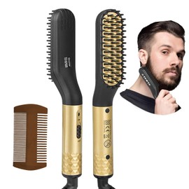 MITEGELO Peine eléctrico para hombres, plancha para barba compacta con peine, calentamiento iónico para proteger barba y 2 niveles de calentamiento ajustables, ideal para peinado y aseo diario de barba