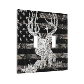 Rustic Hunting Forest Camo American USA Flag Deer Elk Moose Antlers Wildlife Animal 2 Gang Double Toggle Light Switch Wall Plate Outlet Cover Electrical Faceplate Switchplate Countryside Rural Decor
