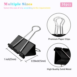 Medium Binder Clips, 36 Pack, 1 Inch, Standard 25mm, Black, Metal Fold Clamp, Capacity 0.47 Inch, Paper Clips, Office Clips, School & Home Use