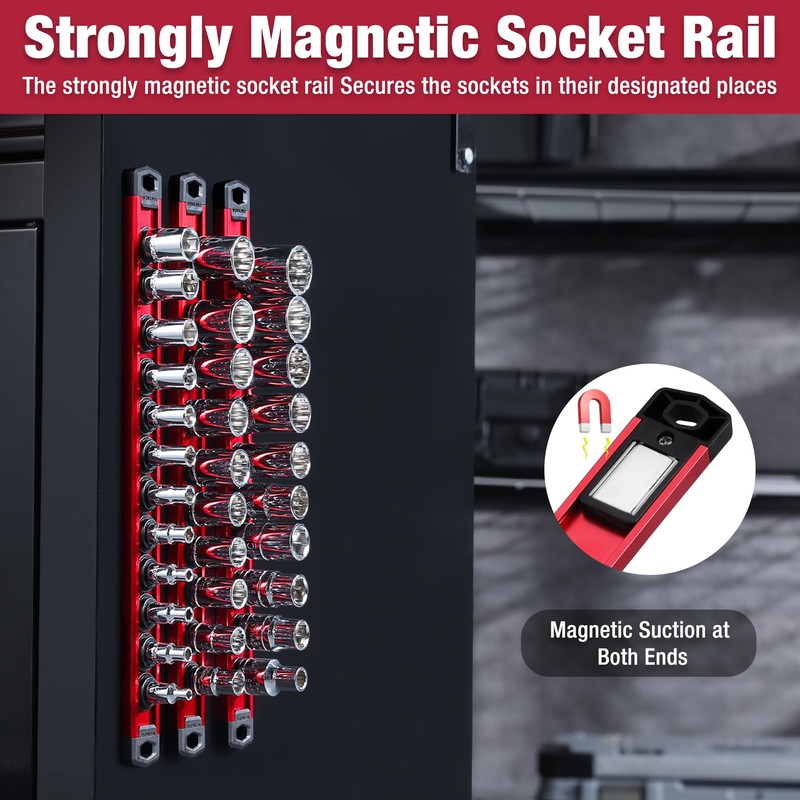 WORKPRO Magnetic Socket Organizer Set, 3-Piece Aluminum Alloy Socket Rail,