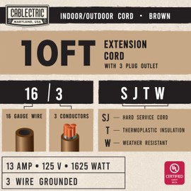 Cablectric 10 ft Brown Outdoor Extension Cord 3 Outlet, 16/3 SJTW Weatherproof Heavy Duty 16 AWG Extension Cord with Multiple Outlets 3 Prong, 13 AMP Exterior Power Cable for Patio, Deck, Landscaping